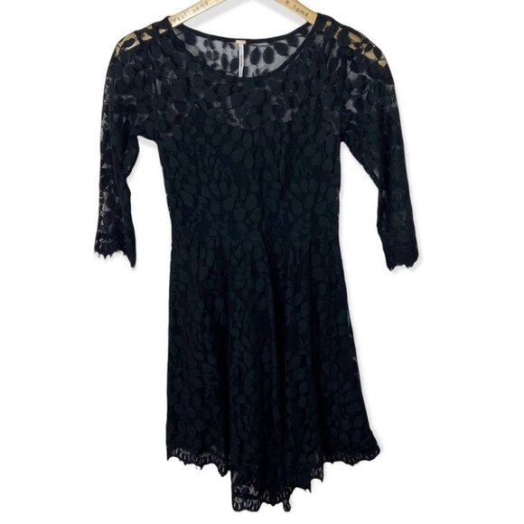 Free People Black Floral Lace Eyelet Dress Size 0 Sheer Floral Bohemian Mini‎ - Picture 5 of 14